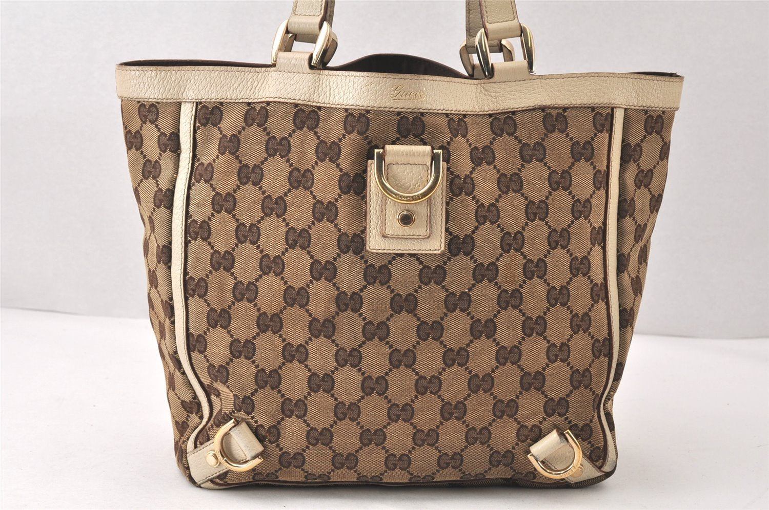 Authentic GUCCI Abbey Tote Hand Bag GG Canvas Leather 130739 Brown 5855K