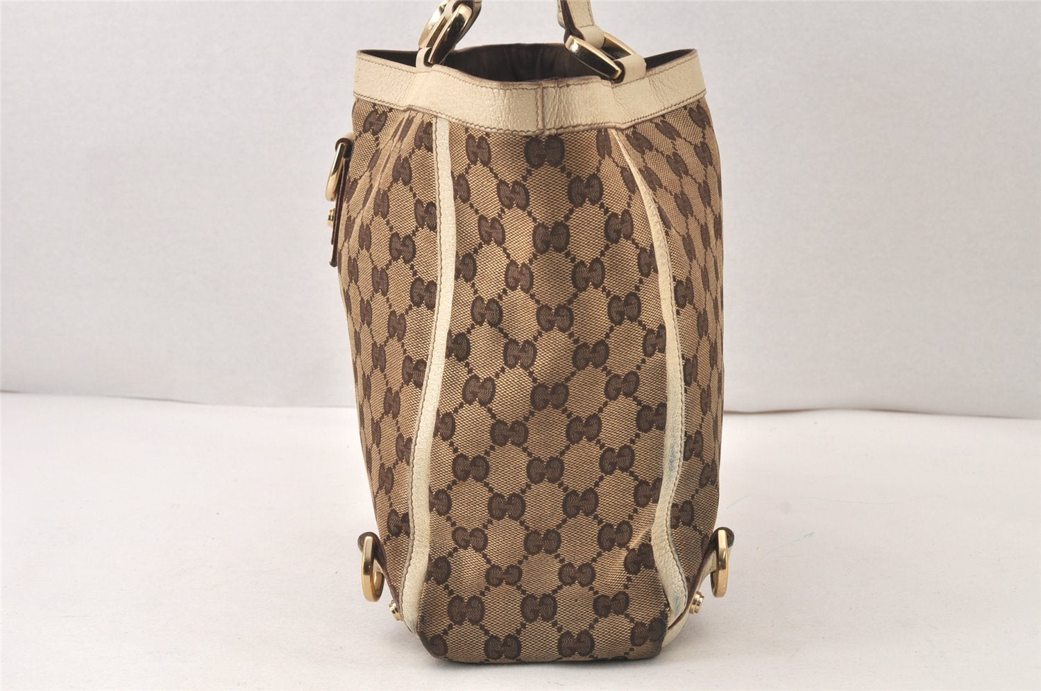 Authentic GUCCI Abbey Tote Hand Bag GG Canvas Leather 130739 Brown 5855K
