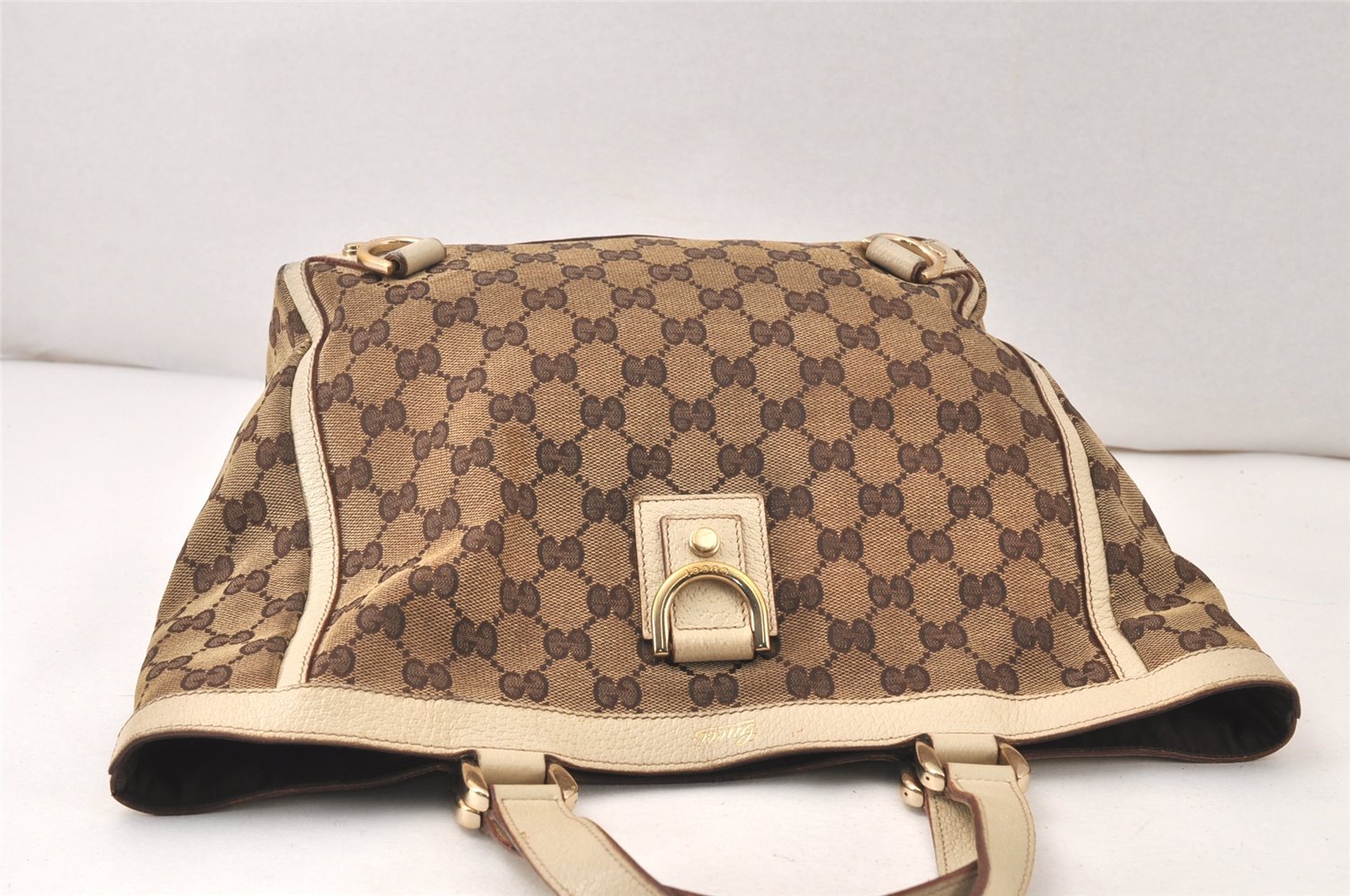 Authentic GUCCI Abbey Tote Hand Bag GG Canvas Leather 130739 Brown 5855K