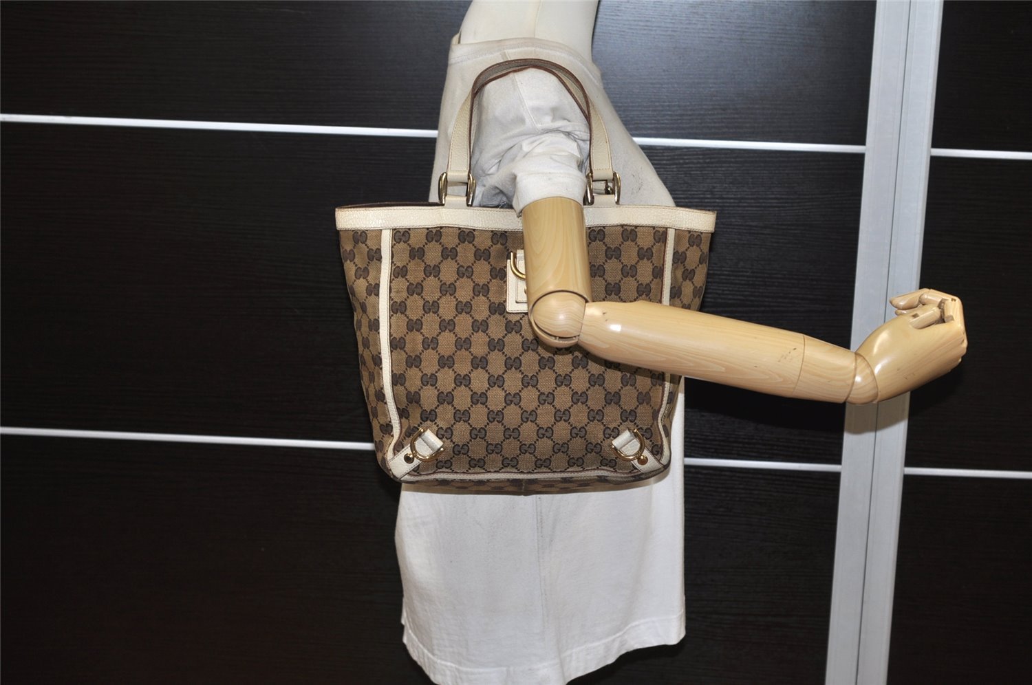 Authentic GUCCI Abbey Tote Hand Bag GG Canvas Leather 130739 Brown 5855K