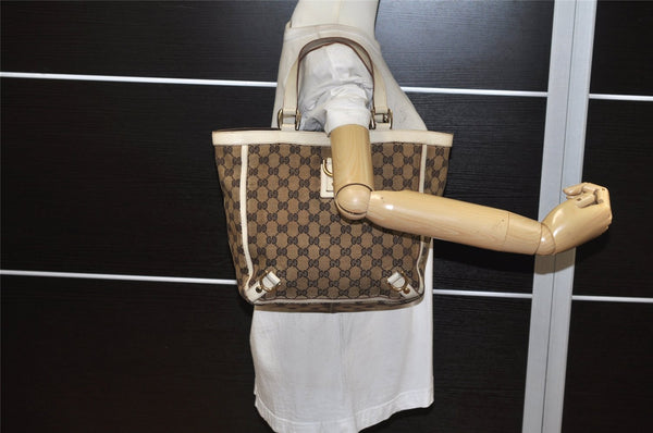 Authentic GUCCI Abbey Tote Hand Bag GG Canvas Leather 130739 Brown 5855K