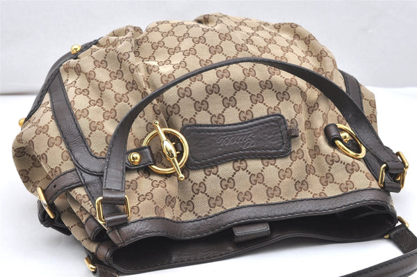 Authentic GUCCI Jockey Shoulder Tote Bag GG Canvas Leather 203546 Brown 5856K