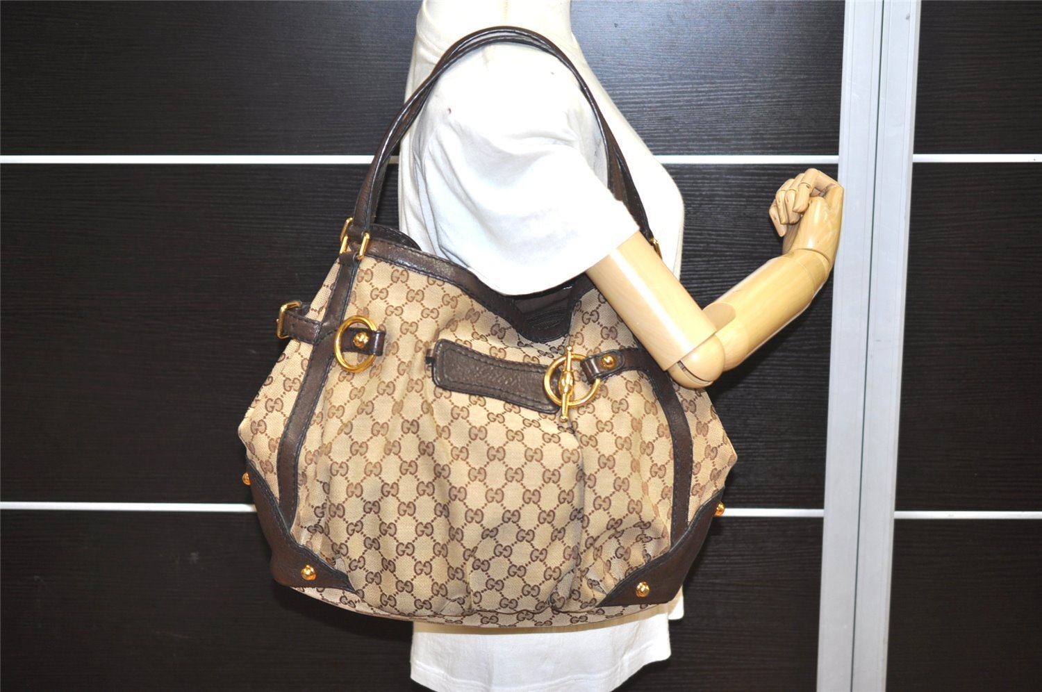 Authentic GUCCI Jockey Shoulder Tote Bag GG Canvas Leather 203546 Brown 5856K