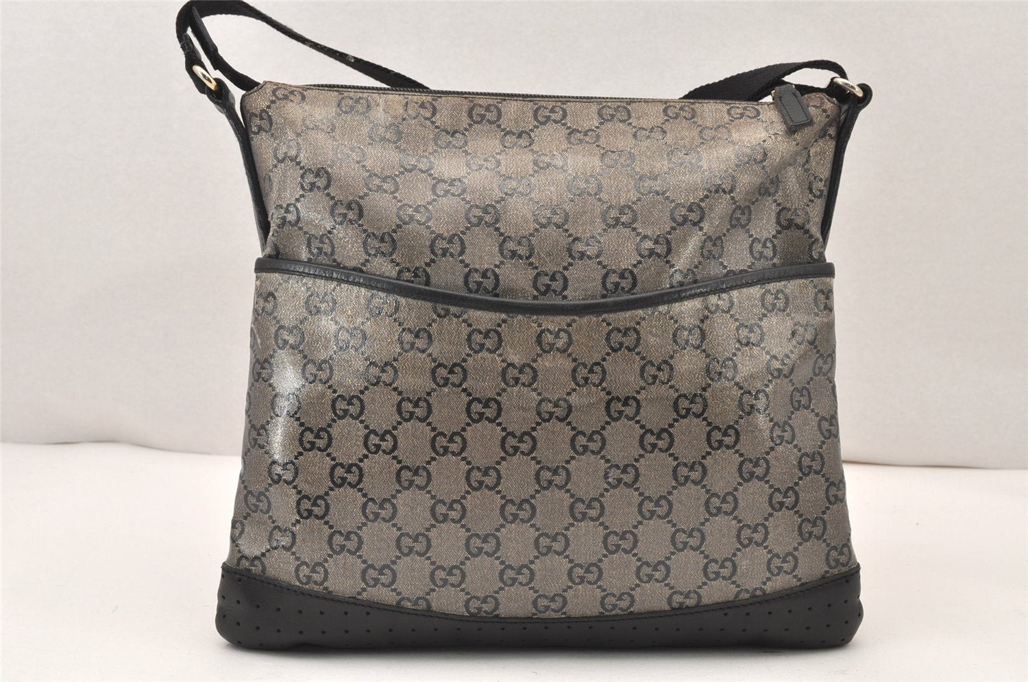Authentic GUCCI GG Crystal Shoulder Bag PVC Leather 145857 Black Gold 5857K