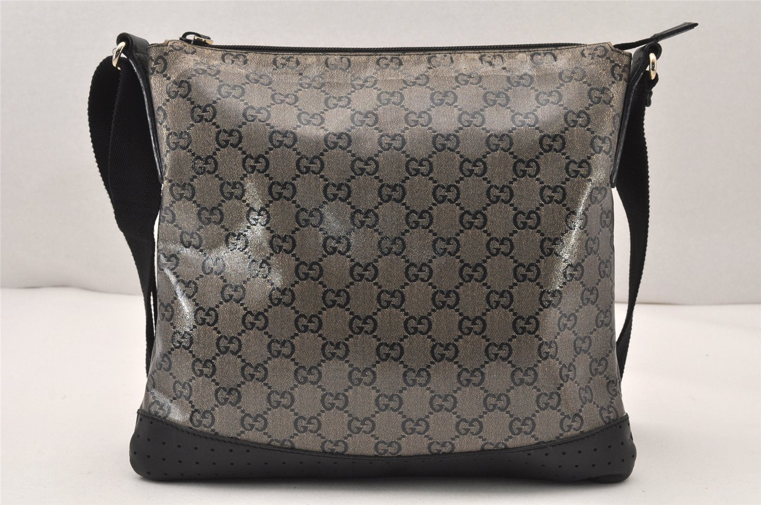 Authentic GUCCI GG Crystal Shoulder Bag PVC Leather 145857 Black Gold 5857K