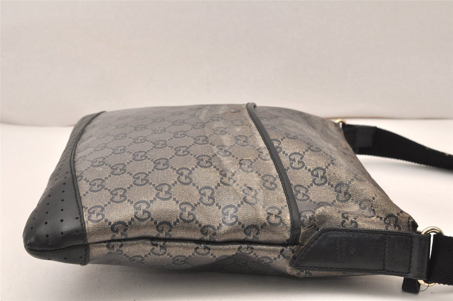 Authentic GUCCI GG Crystal Shoulder Bag PVC Leather 145857 Black Gold 5857K