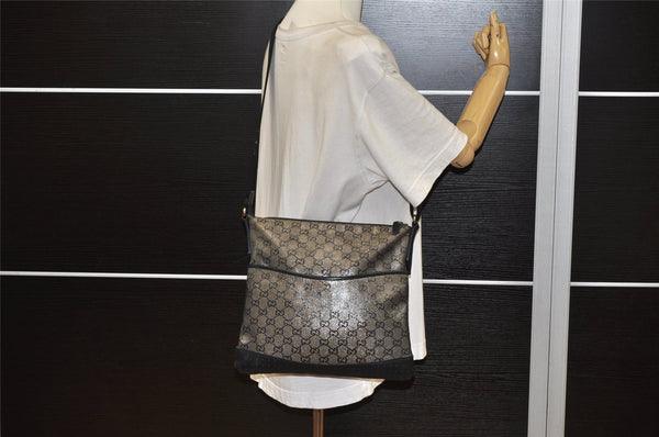 Authentic GUCCI GG Crystal Shoulder Bag PVC Leather 145857 Black Gold 5857K