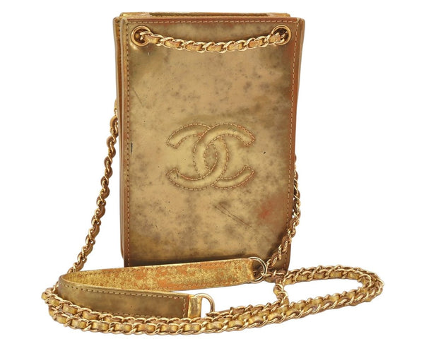 Authentic CHANEL CC Logo Chain Shoulder Cross Bag Pouch Purse Enamel Gold 5858K