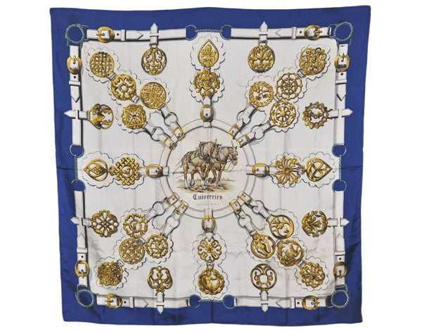 Authentic HERMES Carre 90 Scarf "Cuivreries" Silk Blue 5862K