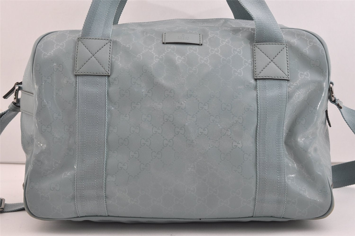 Authentic GUCCI Impreme 2Way Boston Bag GG PVC Leather 374769 Light Blue 5865J