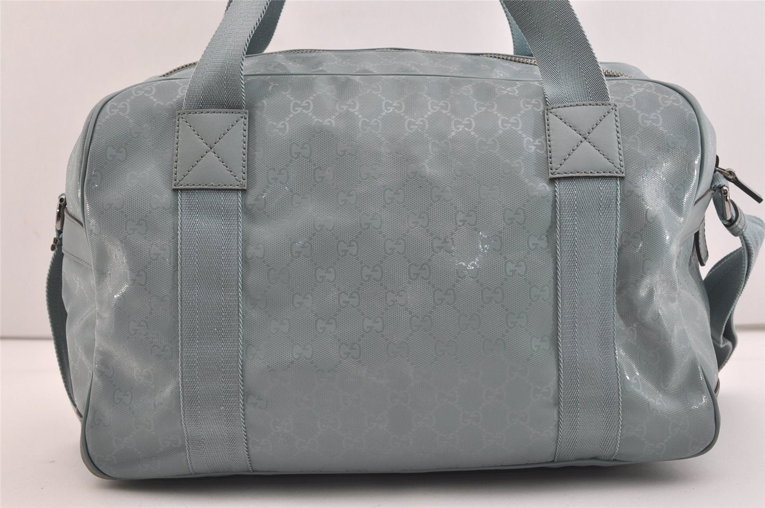 Authentic GUCCI Impreme 2Way Boston Bag GG PVC Leather 374769 Light Blue 5865J