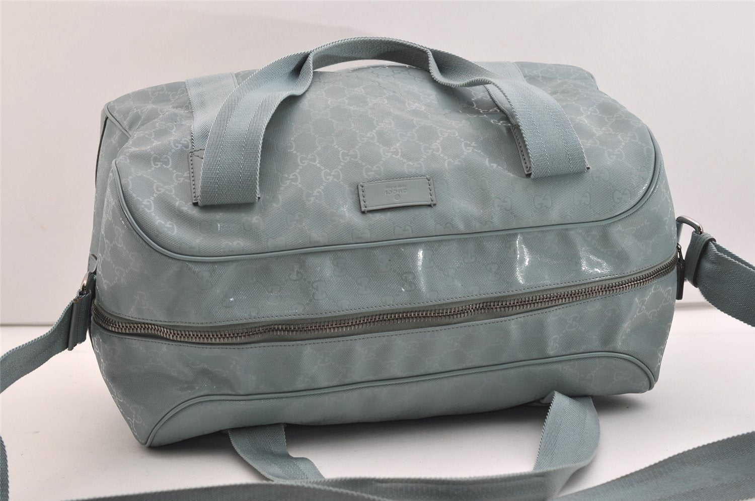 Authentic GUCCI Impreme 2Way Boston Bag GG PVC Leather 374769 Light Blue 5865J