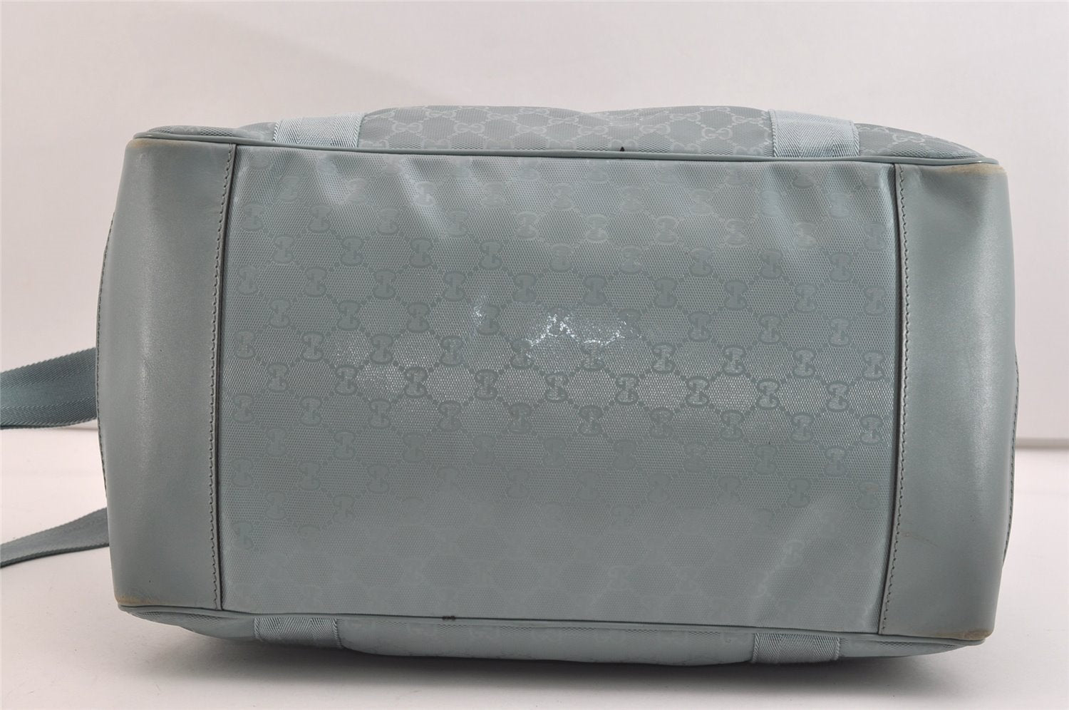 Authentic GUCCI Impreme 2Way Boston Bag GG PVC Leather 374769 Light Blue 5865J