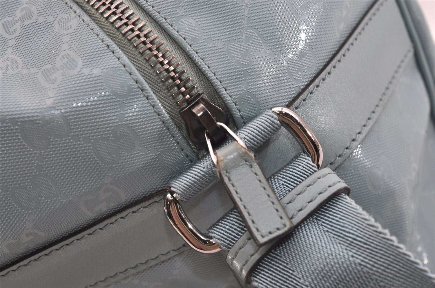 Authentic GUCCI Impreme 2Way Boston Bag GG PVC Leather 374769 Light Blue 5865J