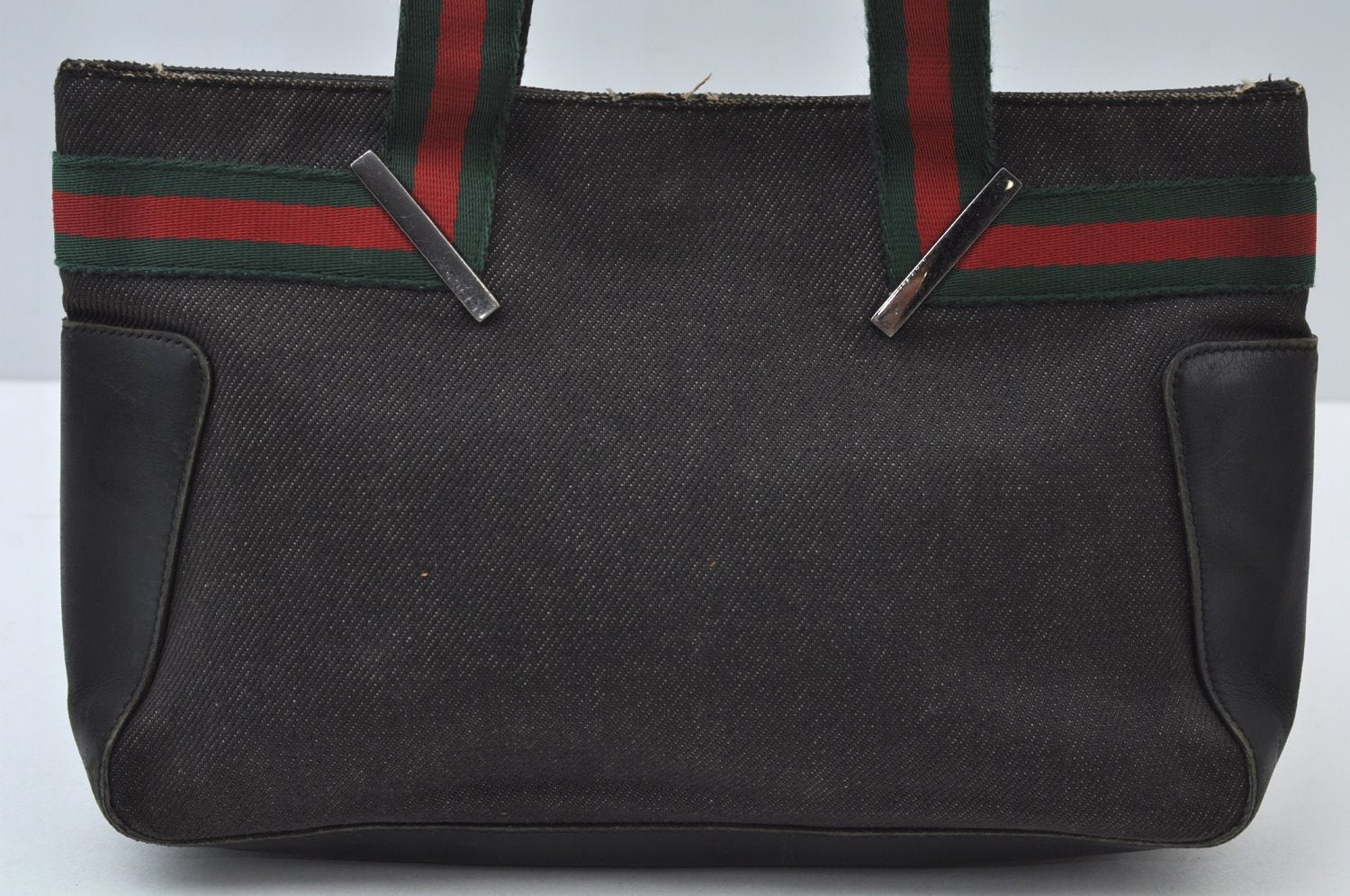 Authentic GUCCI Web Sherry Line Hand Tote Bag Canvas Leather 139261 Black 5869I