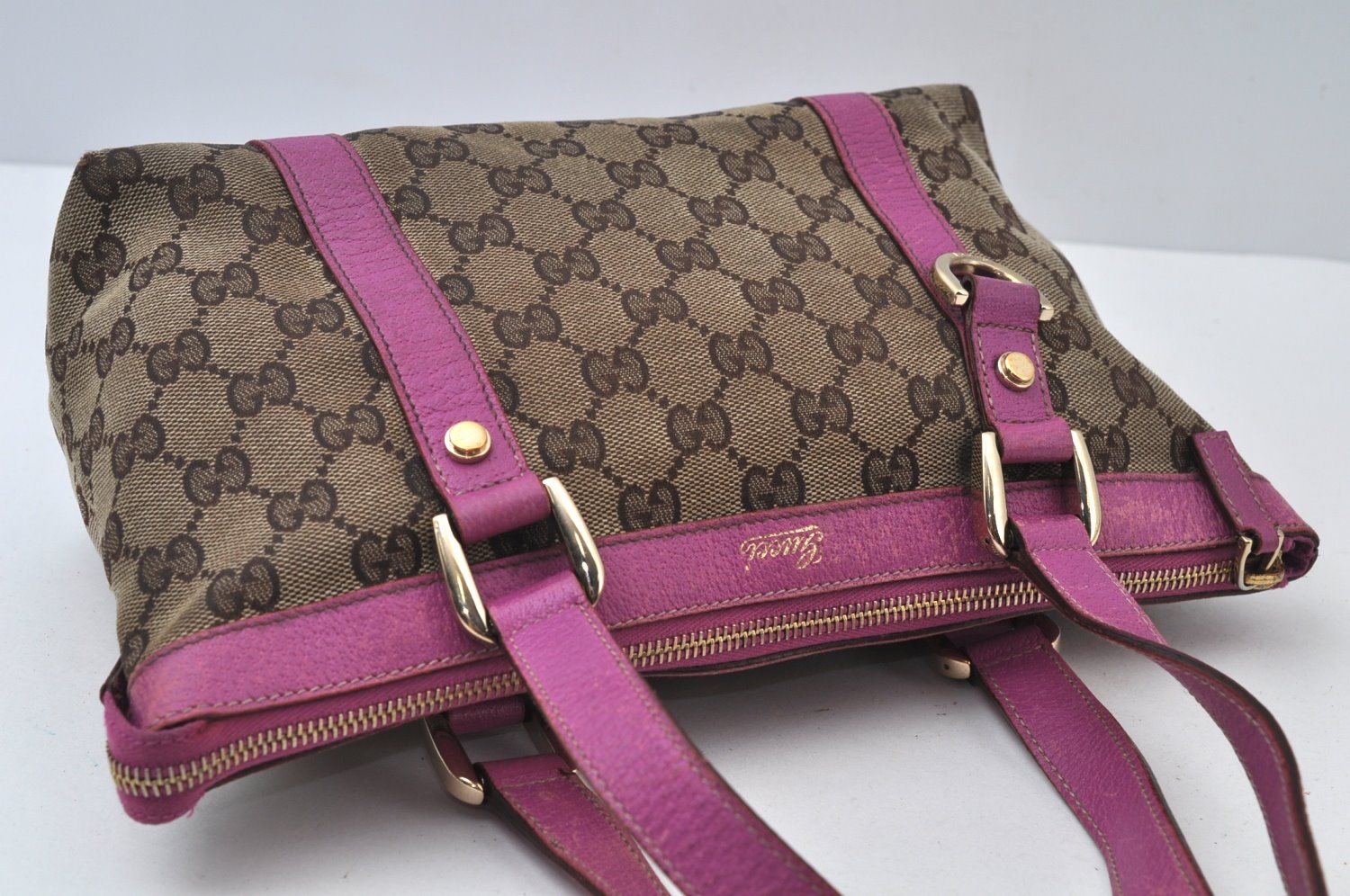 Authentic GUCCI Abbey Hand Tote Bag Purse GG Canvas Leather 141471 Brown 5872I