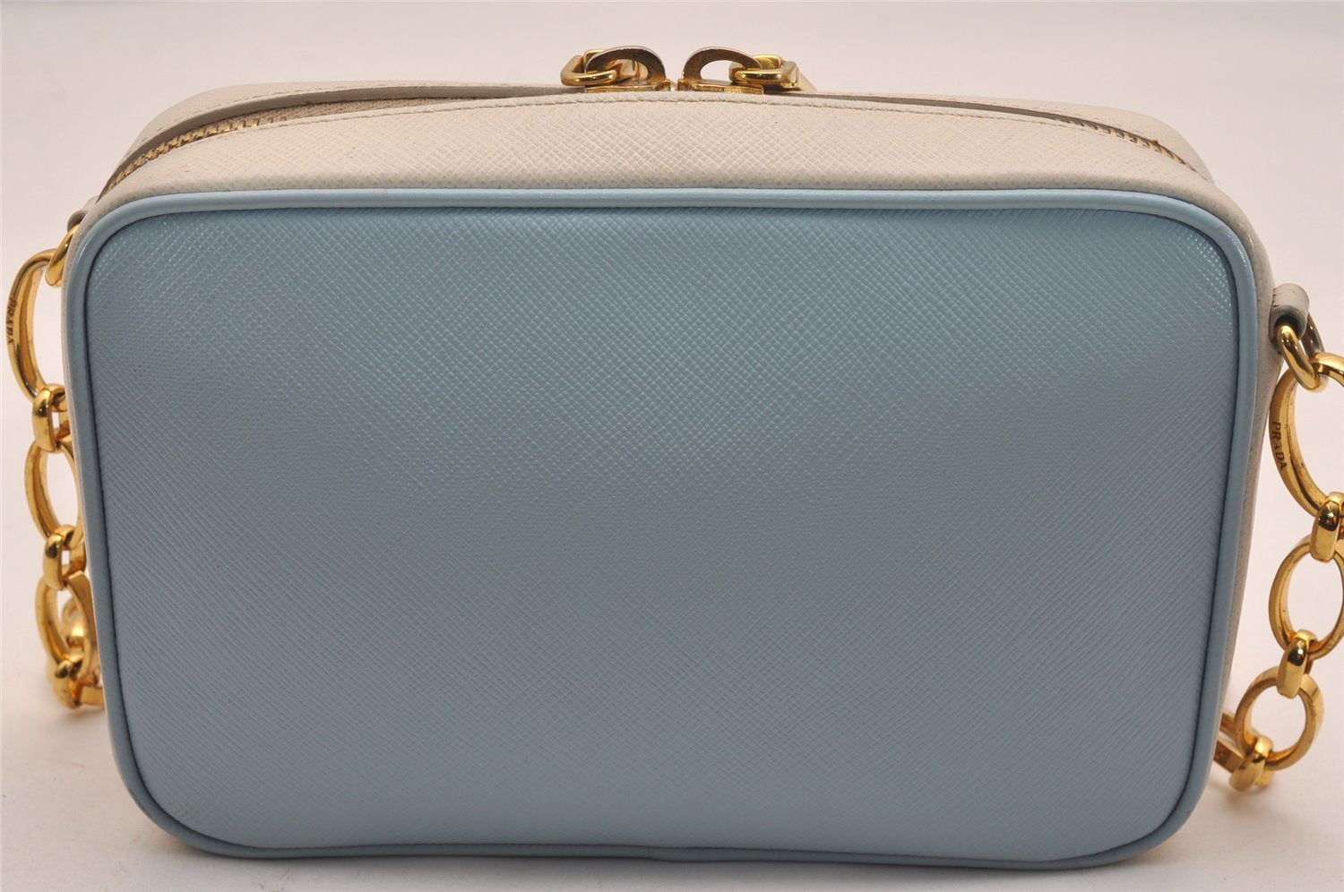 Auth PRADA Saffiano Leather Chain Wallet Shoulder Cross Bag Light Blue 5877J