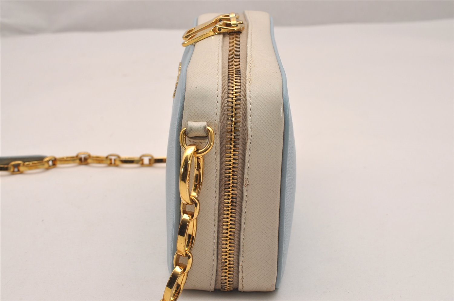 Auth PRADA Saffiano Leather Chain Wallet Shoulder Cross Bag Light Blue 5877J