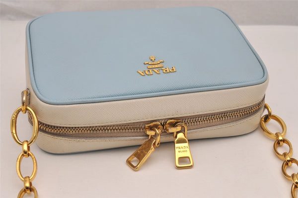 Auth PRADA Saffiano Leather Chain Wallet Shoulder Cross Bag Light Blue 5877J