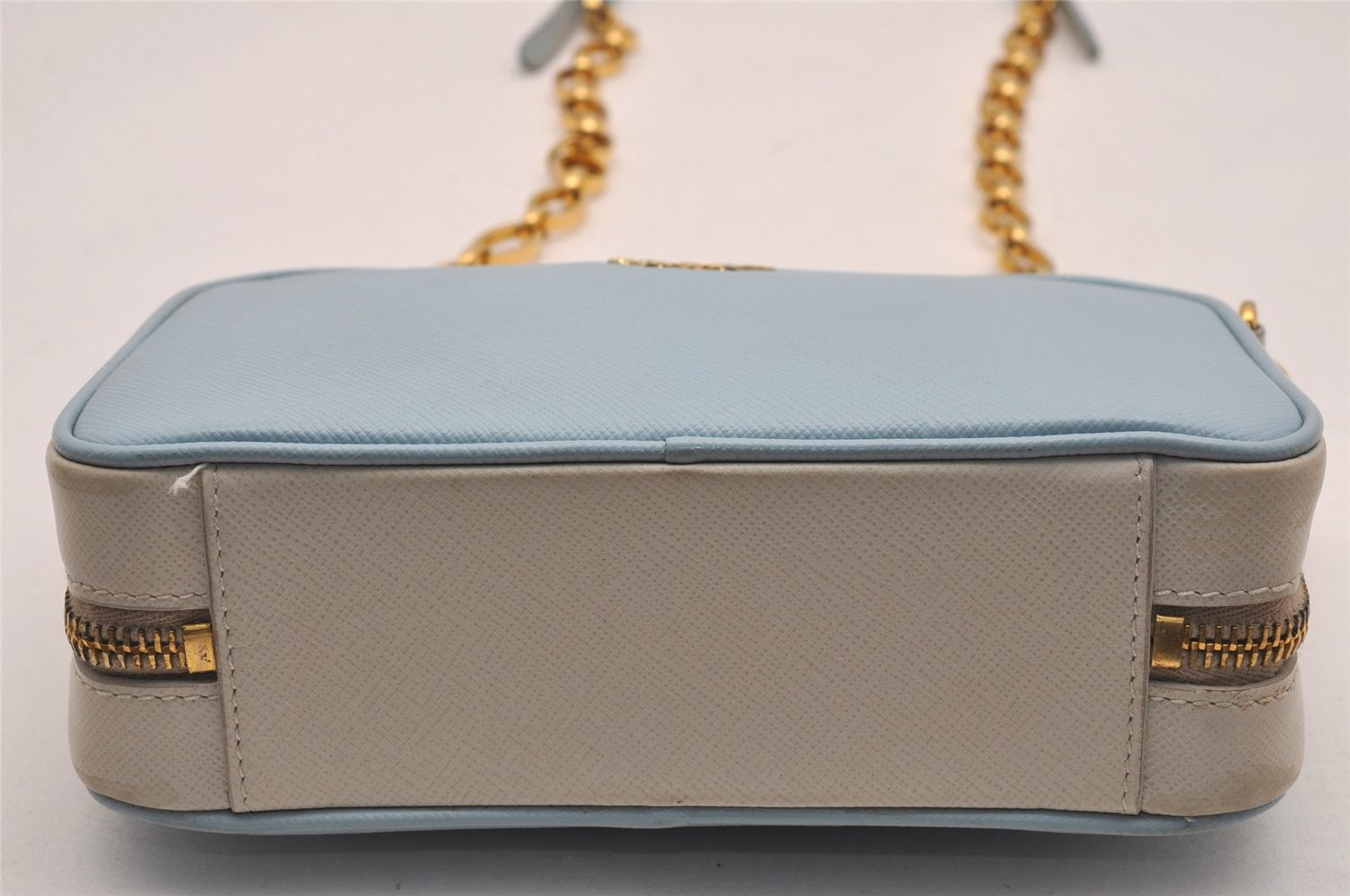 Auth PRADA Saffiano Leather Chain Wallet Shoulder Cross Bag Light Blue 5877J