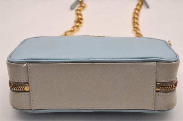 Auth PRADA Saffiano Leather Chain Wallet Shoulder Cross Bag Light Blue 5877J