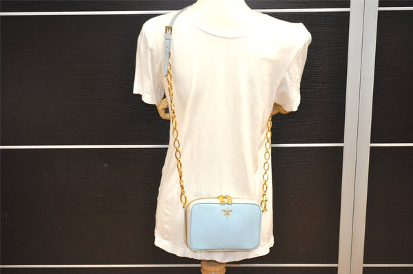 Auth PRADA Saffiano Leather Chain Wallet Shoulder Cross Bag Light Blue 5877J