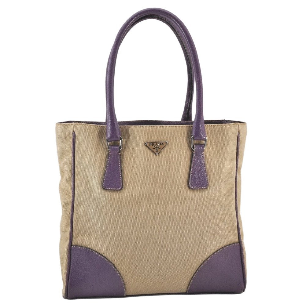 Authentic PRADA Vintage Canvas Leather Tote Hand Bag Beige Purple 5878K