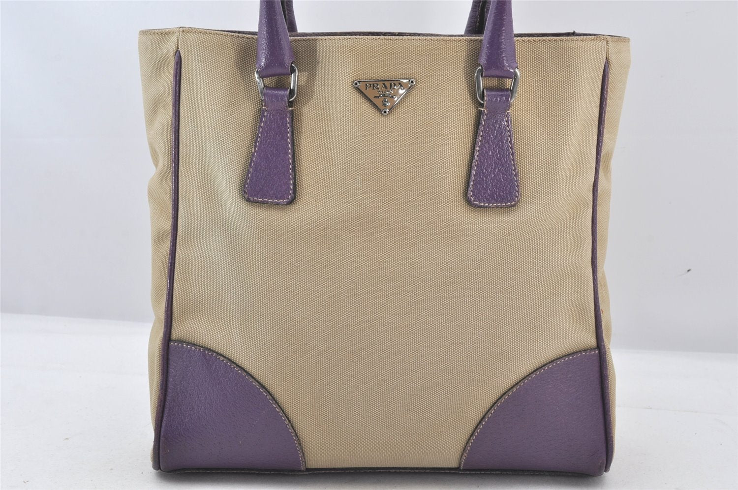 Authentic PRADA Vintage Canvas Leather Tote Hand Bag Beige Purple 5878K