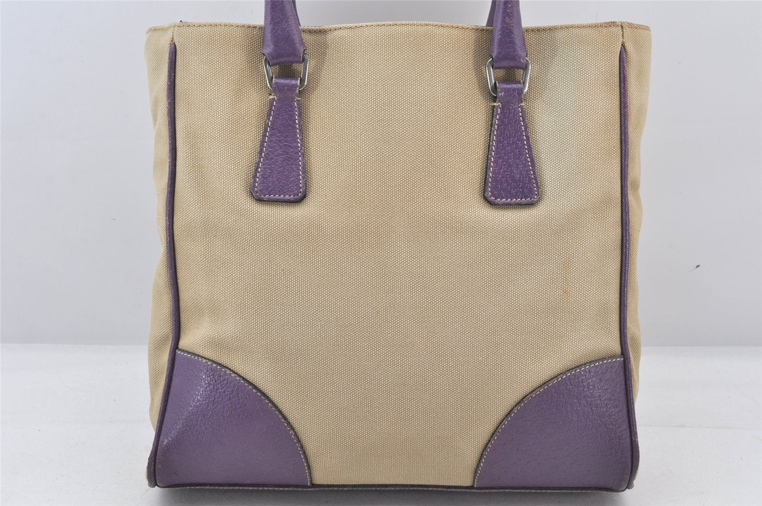 Authentic PRADA Vintage Canvas Leather Tote Hand Bag Beige Purple 5878K