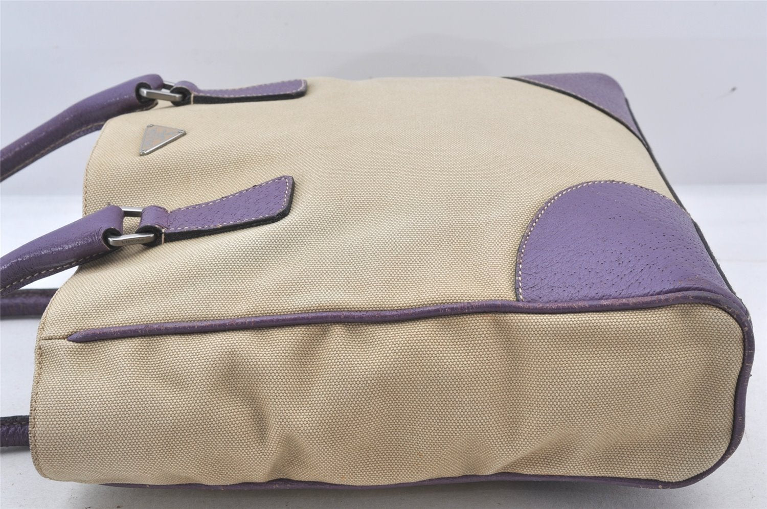 Authentic PRADA Vintage Canvas Leather Tote Hand Bag Beige Purple 5878K