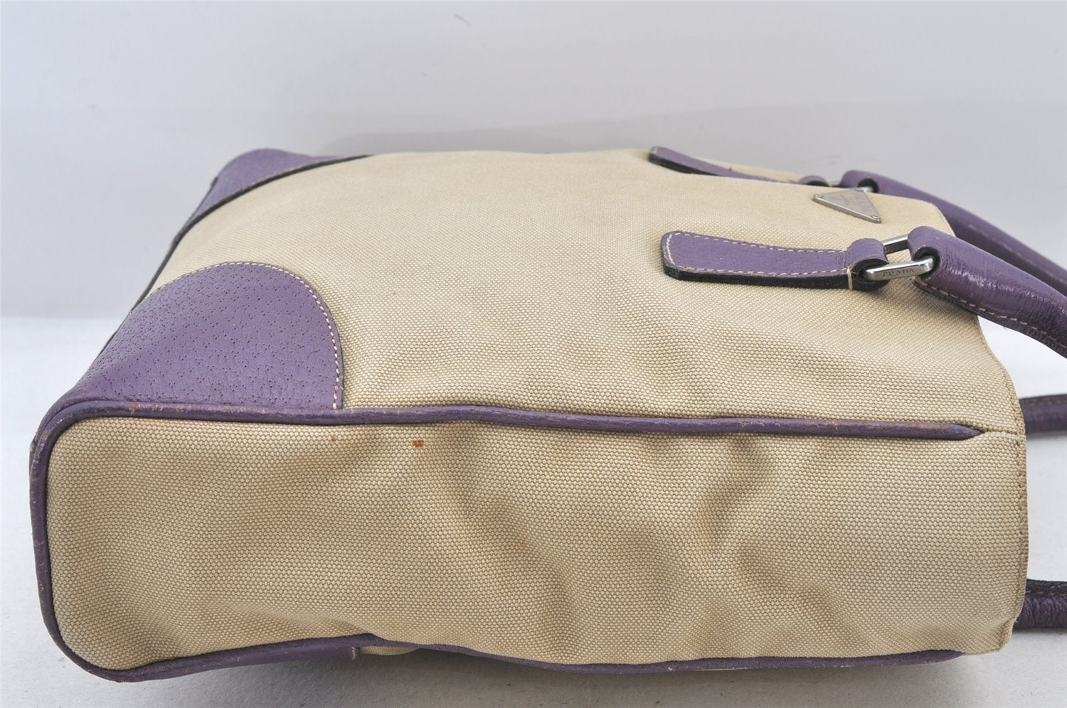 Authentic PRADA Vintage Canvas Leather Tote Hand Bag Beige Purple 5878K