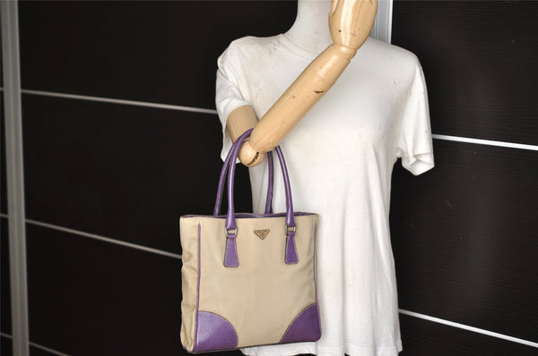 Authentic PRADA Vintage Canvas Leather Tote Hand Bag Beige Purple 5878K