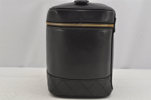 Authentic CHANEL Calf Skin Bicolore Vanity Hand Bag Purse Black CC Logo 5880J
