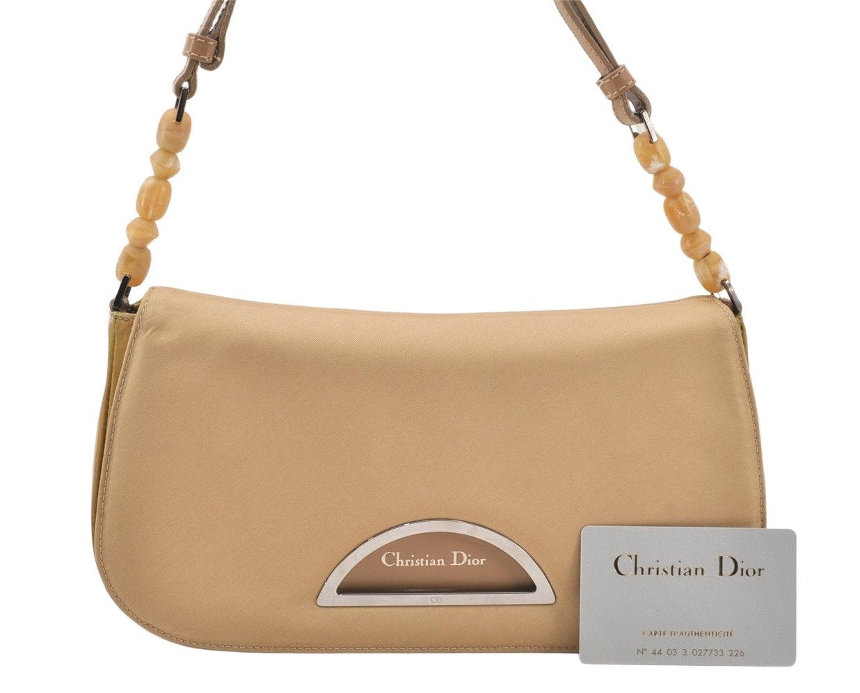 Authentic Christian Dior Maris Pearl Shoulder Hand Bag Nylon Leather Beige 5880K