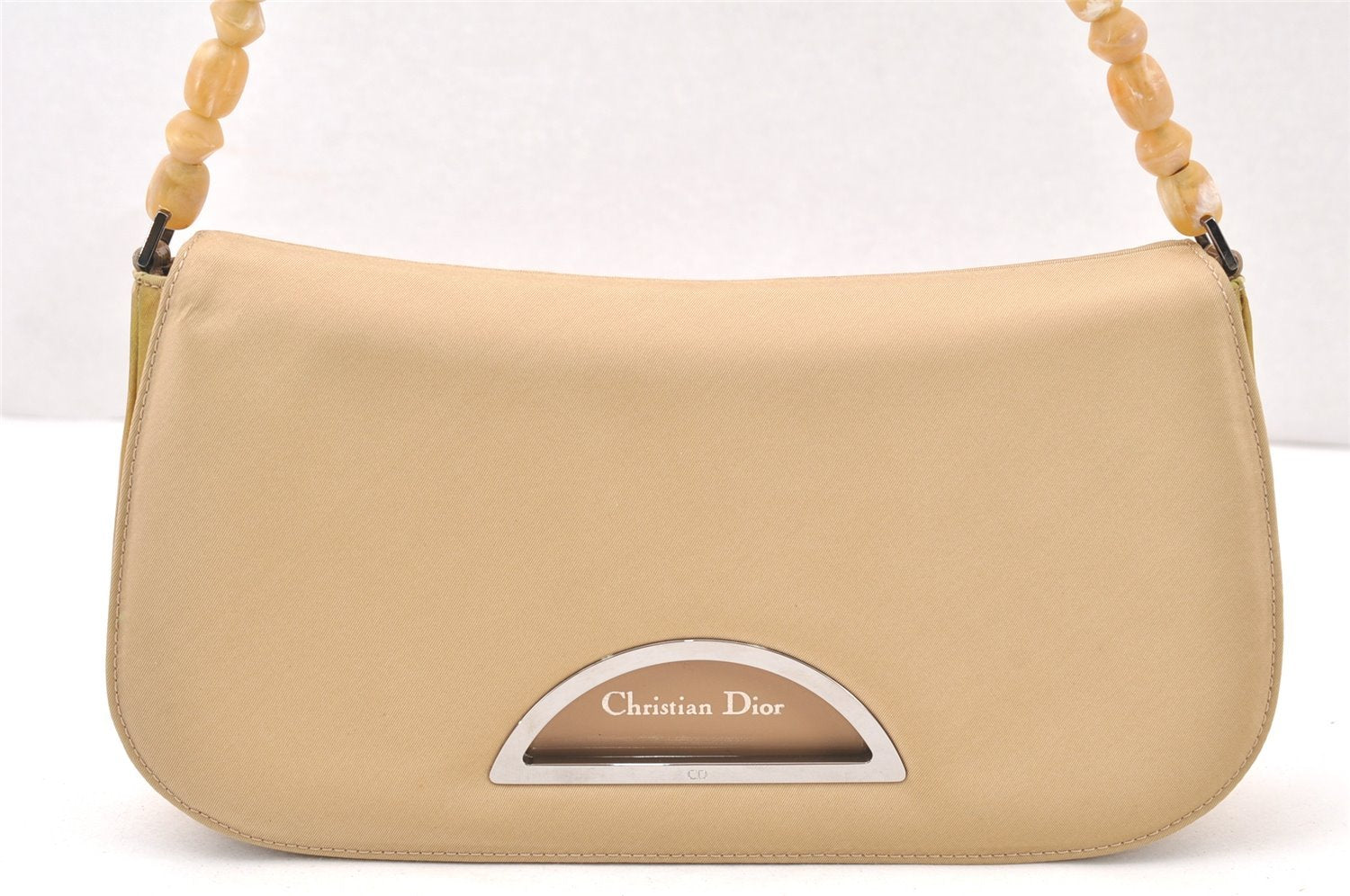 Authentic Christian Dior Maris Pearl Shoulder Hand Bag Nylon Leather Beige 5880K