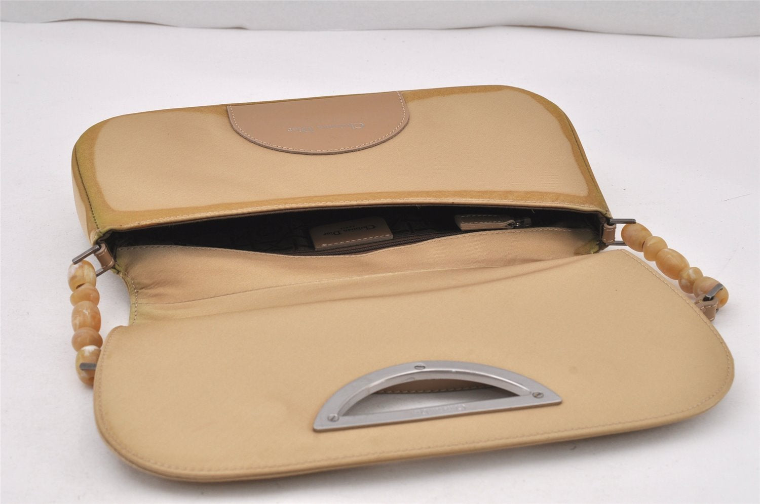Authentic Christian Dior Maris Pearl Shoulder Hand Bag Nylon Leather Beige 5880K
