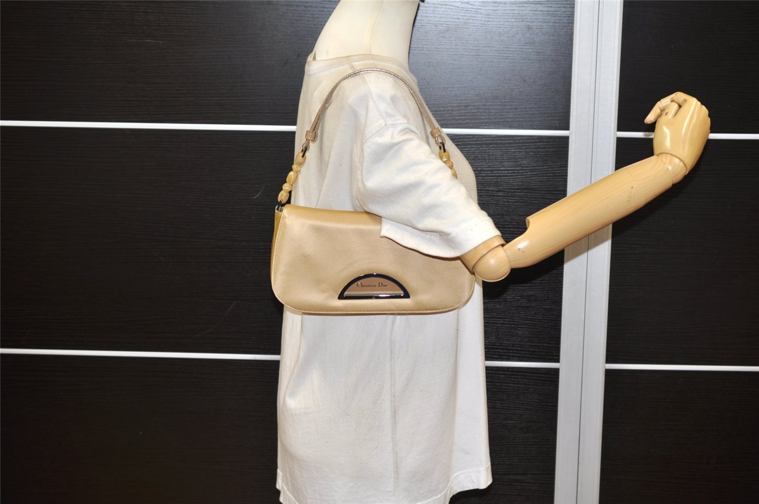 Authentic Christian Dior Maris Pearl Shoulder Hand Bag Nylon Leather Beige 5880K