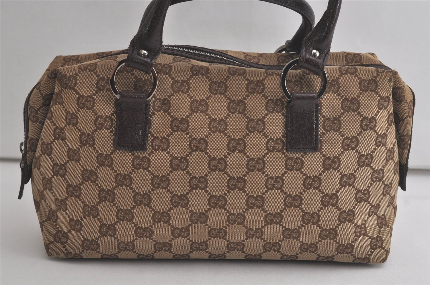 Authentic GUCCI Hand Boston Bag Purse GG Canvas Leather 113009 Brown 5881K