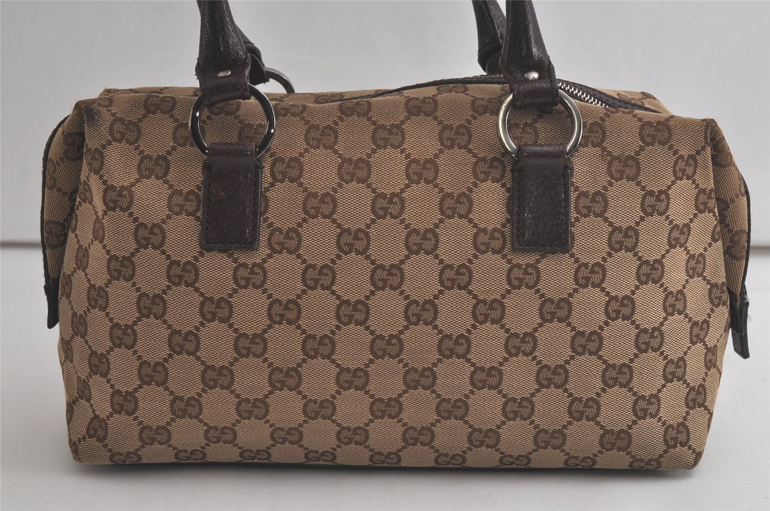 Authentic GUCCI Hand Boston Bag Purse GG Canvas Leather 113009 Brown 5881K