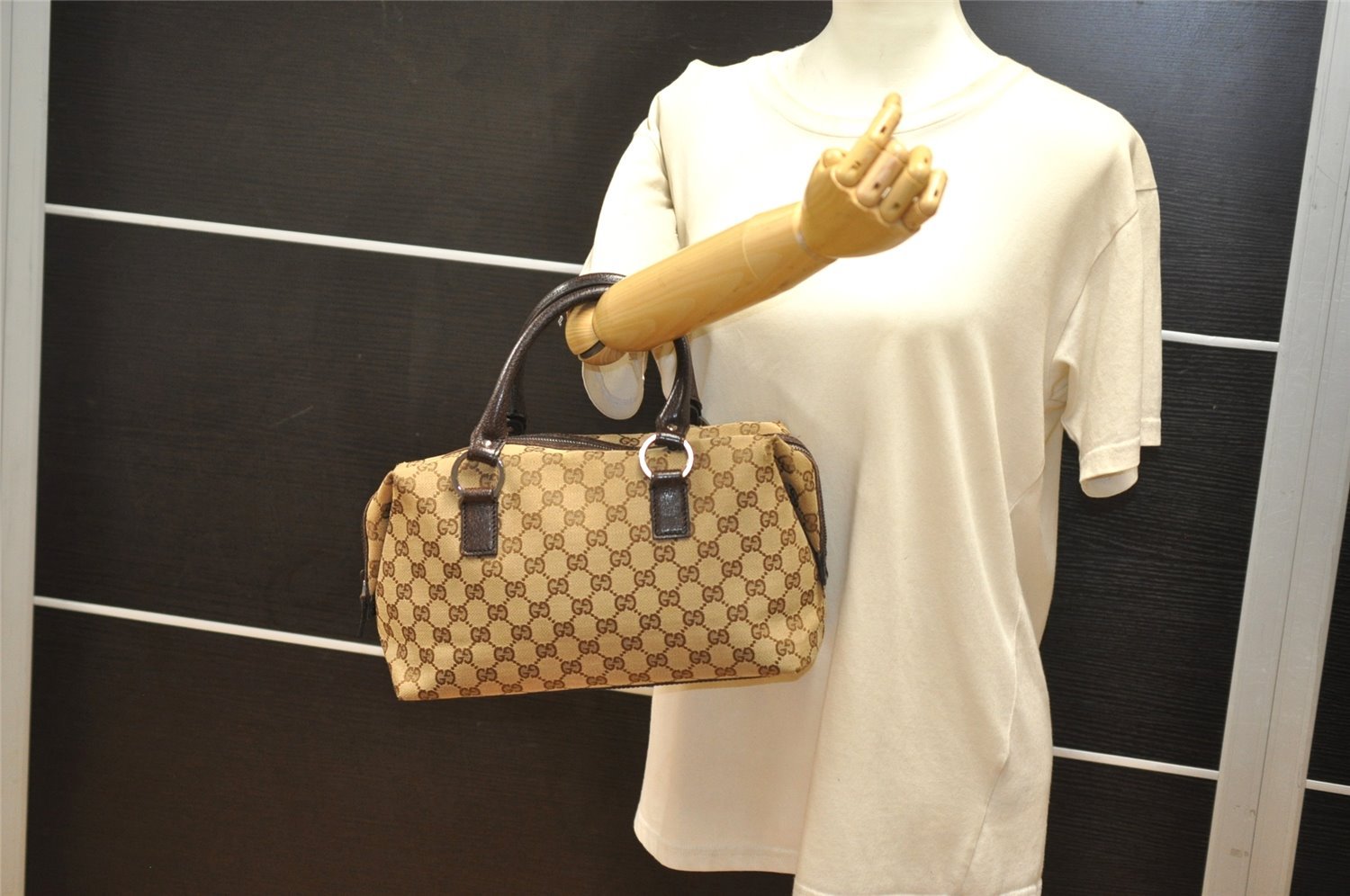 Authentic GUCCI Hand Boston Bag Purse GG Canvas Leather 113009 Brown 5881K