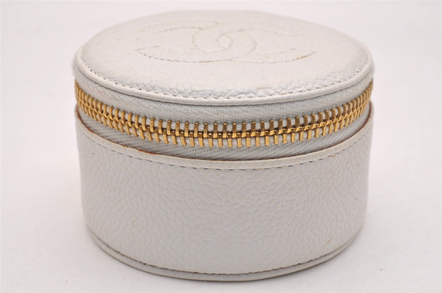 Authentic CHANEL Vintage Caviar Skin CoCo Mark Accessory Box Pouch White 5884J