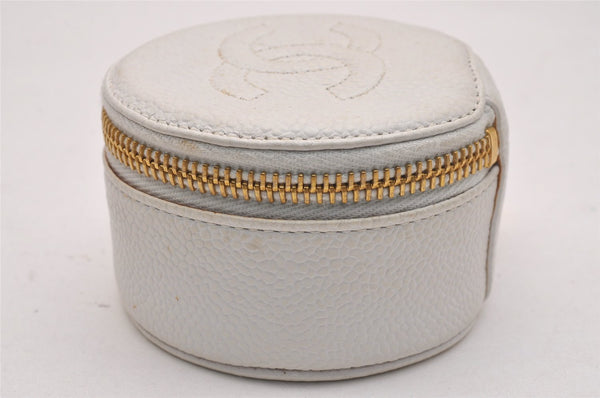 Authentic CHANEL Vintage Caviar Skin CoCo Mark Accessory Box Pouch White 5884J