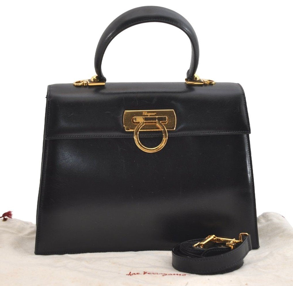 Authentic Salvatore Ferragamo Gancini Leather 2Way Shoulder Bag Black 5886J