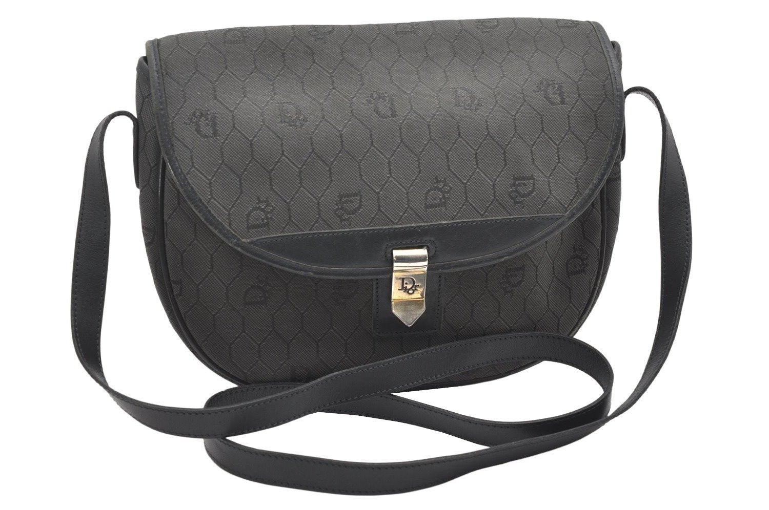 Authentic Christian Dior Honeycomb Shoulder Cross Bag Canvas Leather Gray 5899K