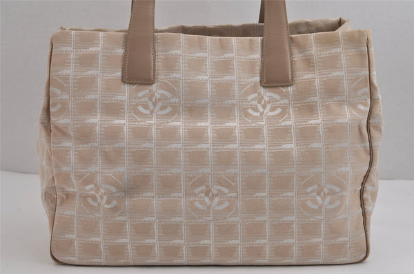 Authentic CHANEL New Travel Line Shoulder Tote Bag Nylon Leather Beige 5900J