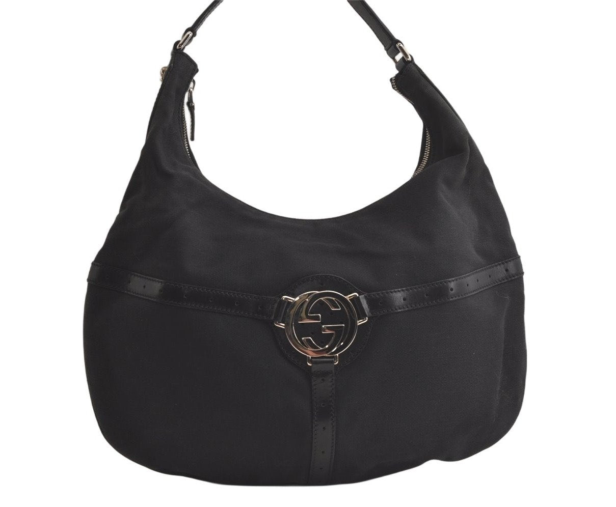 Authentic GUCCI Shoulder Hand Bag Purse Canvas Leather 114871 Black 5902K