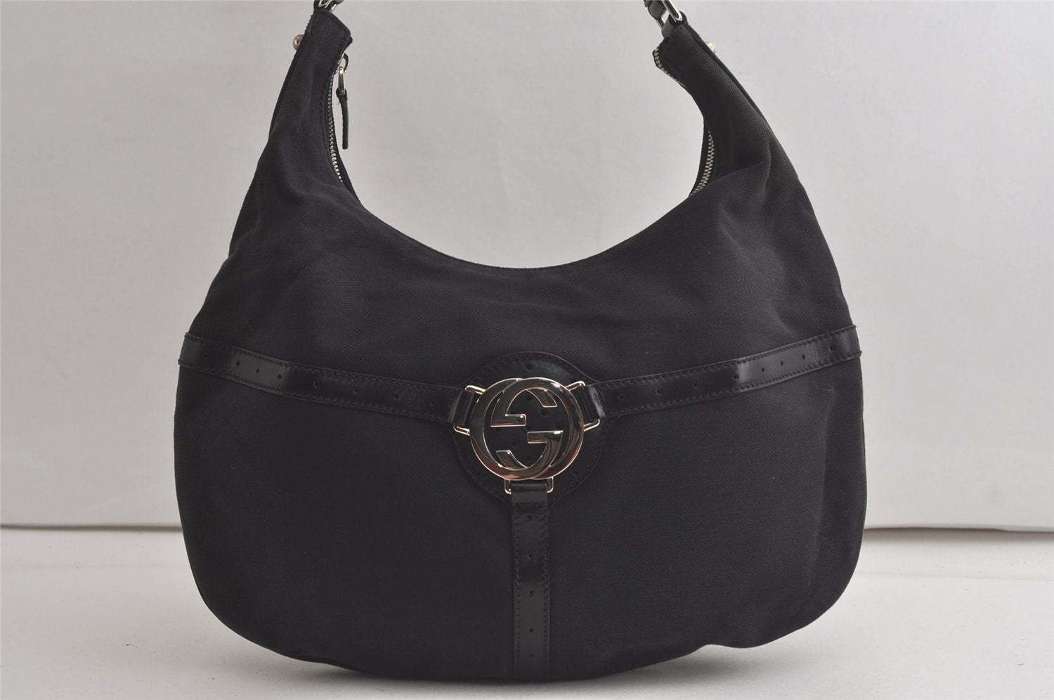 Authentic GUCCI Shoulder Hand Bag Purse Canvas Leather 114871 Black 5902K