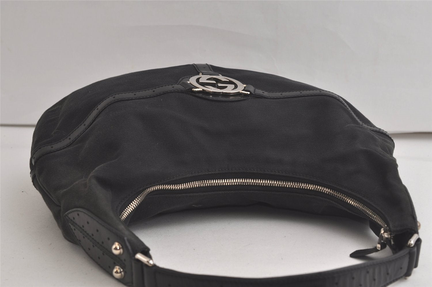 Authentic GUCCI Shoulder Hand Bag Purse Canvas Leather 114871 Black 5902K