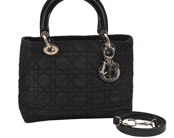 Auth Christian Dior Lady Dior Nylon Leather Cannage 2Way Hand Bag Black 5904J