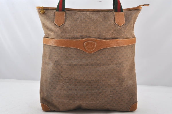 Authentic GUCCI Web Sherry Line Micro GG Tote Bag PVC Leather Brown Junk 5906K